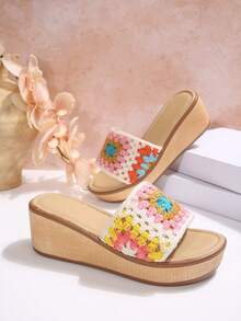 Women Crochet Lace Wedge Slide Sandals, Bohemian Open Toe Platform Slip On Summer Slippers - White - View 6