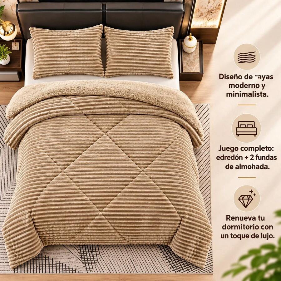 Striped Sherpa Comforter With Knitted Texture, Thick Soft Polyester Bedding Set, Thermal Quilt For Bedroom, Available In 220x240cm And 240x260cm - Dark Khaki - View 1