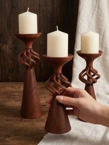 3Pcs/2Pcs/1Pc Wood Grain Metal Candle Holder Set, Modern Pillar Candle Stands, Sculptural Candlestick Holders, Rustic Home Decor, Farmhouse Decor, Boho Table Centerpiece, Living Room, Dining Table, Wedding, Christmas Decor, Housewarming Gift. - Vintage Design - View 5