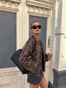 Fashion Women's Leopard Print Woven Baseball Jacket, Long Sleeve Flight Jacket With Pockets And Zipper, Autumn/Winter Outfit Essential - Brown - View 4