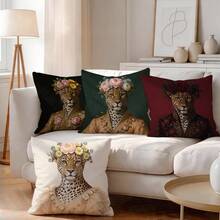 4pcs/1pc Vintage Oil Painting Leopard Floral Crown Dress Pattern Pillow Case, Single-Sided Printed Pillow Case, Suitable For Living Room, Bedroom, Home Decor, All Season Pillow Case - Multicolor - View 2
