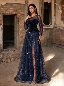 Autumn/Winter Elegant Navy Blue Sequin Leaf Embroidery Patchwork Velvet Sheer Long Sleeve 2-In-1 High Slit Formal Maxi Dress, Suitable For Parties And Weddings - Royal Blue - View 3