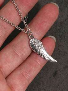 1pc Vintage Gothic Angel Feather Accessory Minimalist Rhinestone Wing Pendant Stainless Steel Chain Necklace - Silver - View 2
