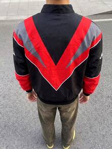 Streetwear Racing Style Colorblock Patchwork Stand Collar Jacket, Multi-Badge Print Zip-Up Motorcycle Jacket For Couples - black red - View 2