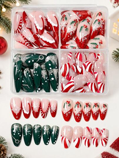 96Pcs (4 Styles) Christmas Press On Nails, Short Almond Fake Nails With Snowflake, Candy Cane & Holly Berry Pattern, Red Green Glitter Full Cover False Nail Tips, Reusable Holiday Manicure Decor For Christmas Party, Women & Girls Xmas Gift