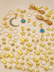 118pcs Gold Star & Moon Hair Accessories Set, Vintage Blue Rhinestone & Pearl Hair Rings, Dreadlock Hair Clips, European & American Hip Hop Braided Hair Ornaments - Multicolor - View 6