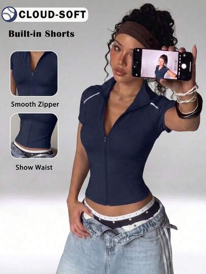 FWH #Vintage Sporty Style# Streetwear, Modern Slim Fit, Loose Fit Functional Sports Top, Small Stand Collar Zipper Design, Waist Shaping / Abdominal Compression Slimming, Comfort And Fashion, Seamless Transition For Commuting, Office, Dance, Jogging, Pilates, Women's Sports Yoga Jacket