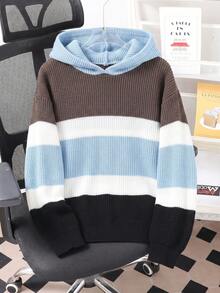 Tween Boys Colorblock Striped Hooded Sweater, Long Sleeve Loose Fit Pullover Knit Hoodie - Multicolor - View 2