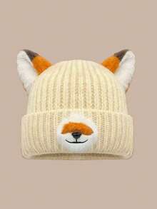 1pc Women's Fox Ear Plush Knit Hat, Autumn/Winter Style, Face-Slimming, Warm And Versatile Knitted Wool Hat - Multicolor - View 5