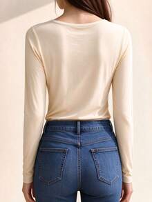 Women's V-Neck Apricot Long Sleeve T-Shirt, Slim Fit, Solid Color Basic Layering Top - Apricot - View 5