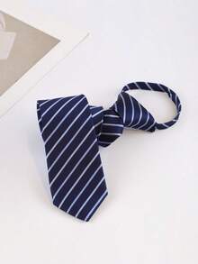 6cm Navy Blue Striped Zipper Tie, Optional Pattern, Men's Pre-Tied Necktie, Business Workwear Student Uniform Formal Tie - Multicolor - View 5