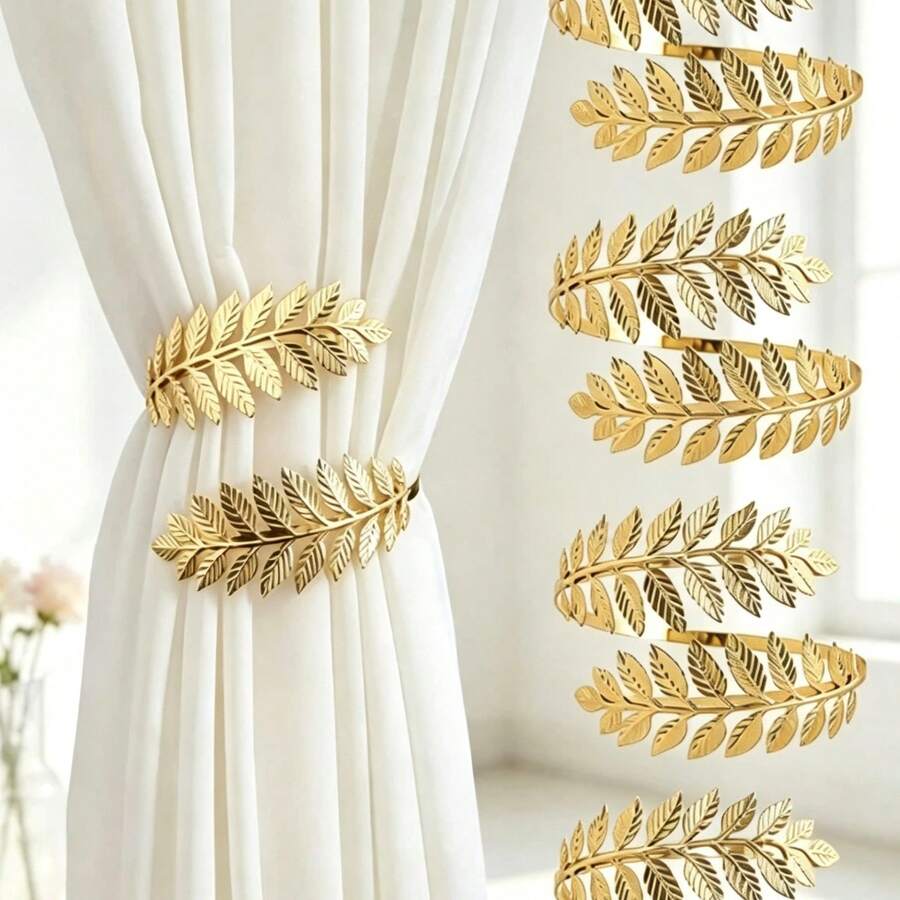 4PCS/2PCS/1PC Minimalist Luxury Metal Alloy Leaf Curtain Tiebacks With Creative Sheer Curtain Rings, Tie-Back Loops And Straps - Metal Leaf Curtain Tieback - View 1