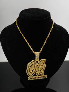Full Rhinestone OG Letter Pendant Necklace, Iced Out Cuban Chain, Men's Hip Hop Shiny Personalized Jewelry, Nightclub Party Accessory - Original - View 3