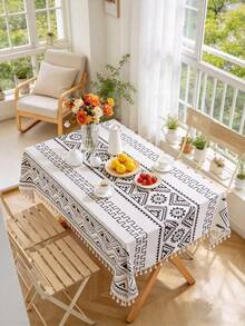 MineLain 1pc Minimalist Black & White Geometric Tablecloth, Rectangular Table Runner, Beige Tassel Decor, Coffee Table, Bedside Table, Sideboard, Small Table Cover, Tabletop Decor, Home Decor, Suitable For Kitchen, Dining Room, Living Room, Dinner, Party, Picnic, Outdoor, Holiday Decor, All Seasons - Black and White - View 5