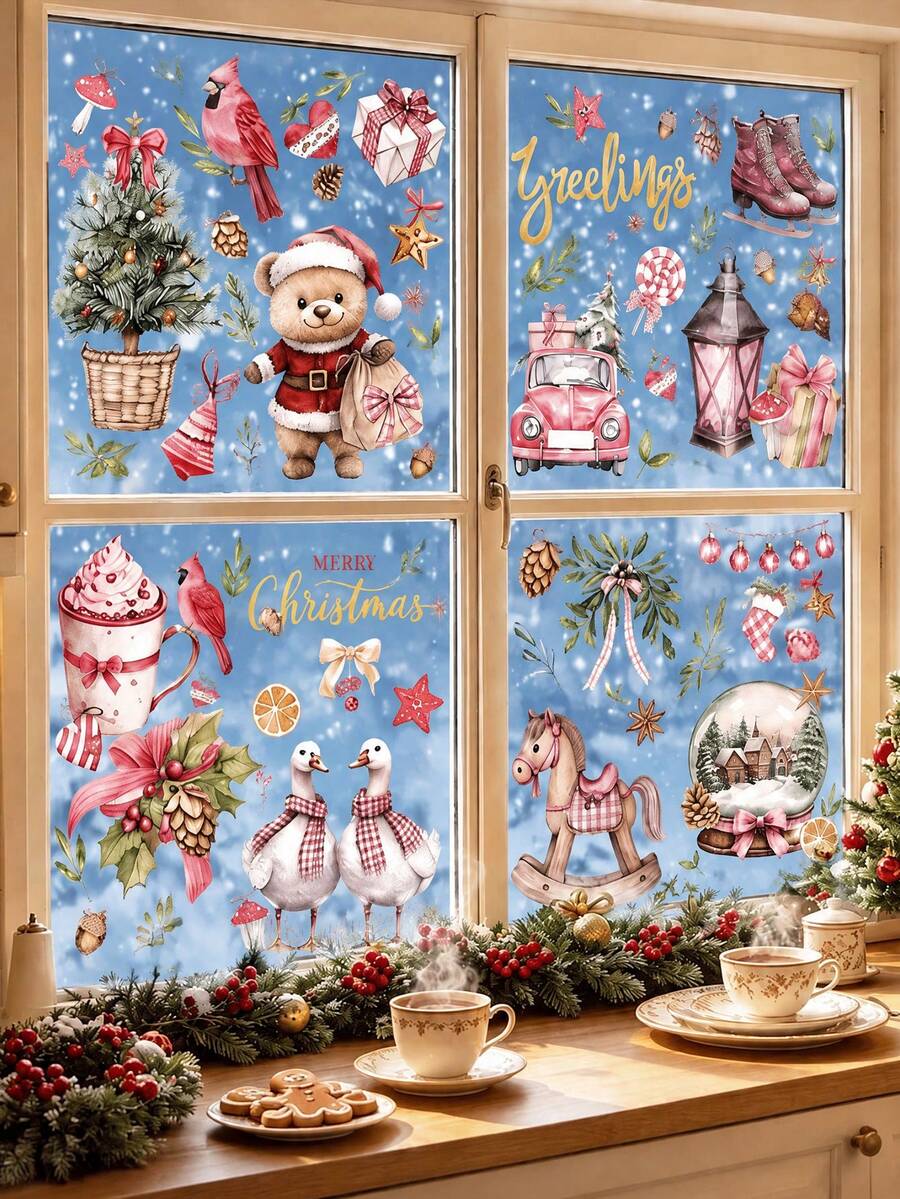 9/1 Sheets Pink Christmas Window Stickers, Christmas Decoration, Home Scene Window Decals, PVC Christmas Decorative Stickers, Holiday Party Decoration Accessories, Home Decor Office Party Supplies