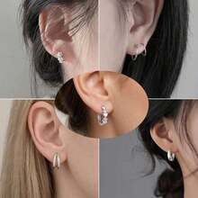 5 Pairs Silvery Hoop Earrings Set, Rhinestone Heart & Flower Decor Huggie Earrings, Minimalist Metal Circle Ear Jewelry For Women Daily Party Gift - Silver - View 7