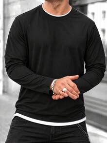 Setelan 2 Potong Pria Musim Semi/Gugur, Model Slim Fit, Bahu Reguler, Leher Bulat, Lengan Panjang, Kaos - Hitam - View 1