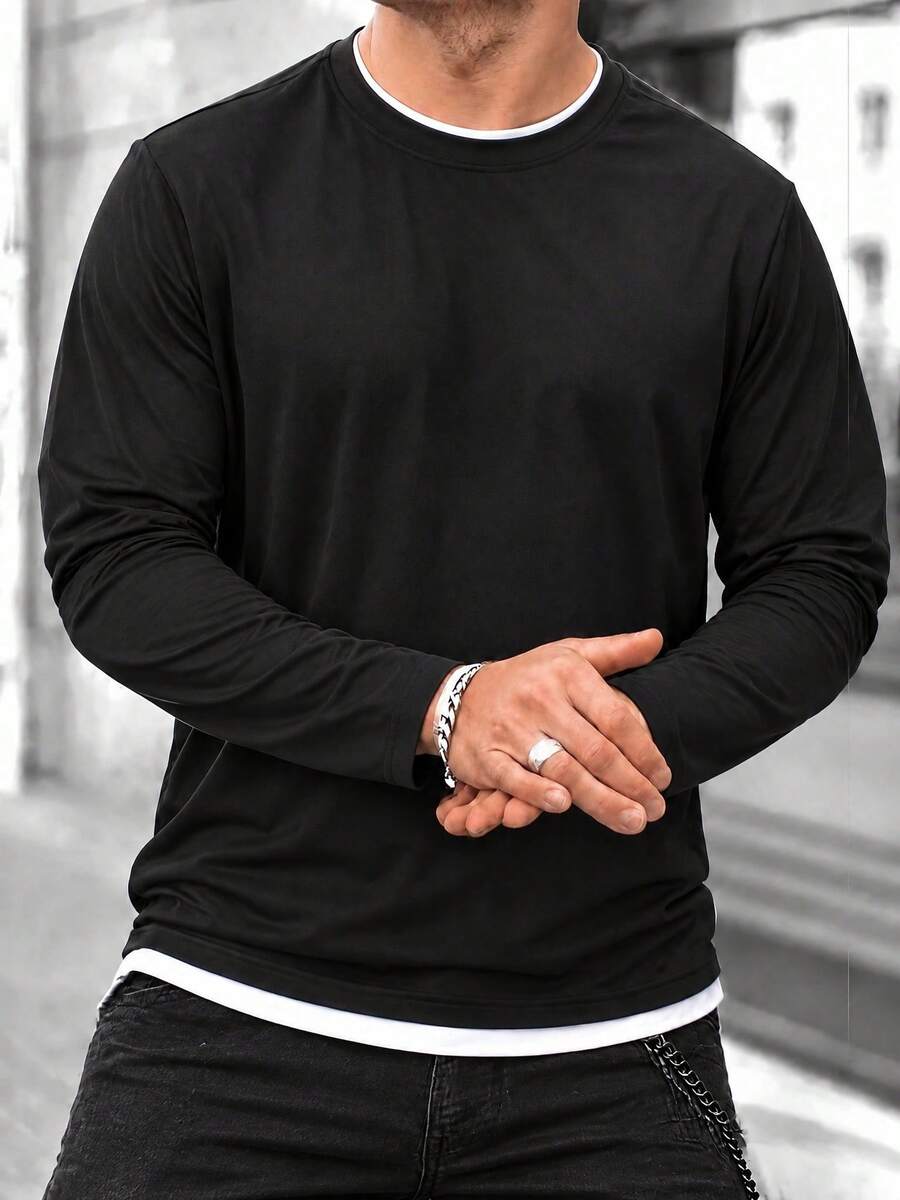 Setelan 2 Potong Pria Musim Semi/Gugur, Model Slim Fit, Bahu Reguler, Leher Bulat, Lengan Panjang, Kaos - Hitam - View 1