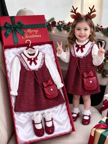Baby Girl Wool Blend Dress, 2 In 1 Christmas Dress, Patchwork Red Outfit With Bowknot Collar Design, Baby Girl Daily Autumn/Winter Dress - Burgundy - View 3