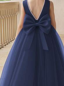 Elegant Tween Girls Flower Girl Bow Pearl Backless Princess Dress Evening Gown Party Wedding Birthday - Navy Blue - View 5