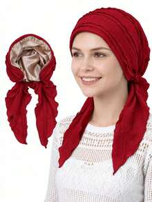 1pc Satin Lined Pre-Tied Headscarf, Ruffle Pleated Cotton Headwrap, Sleep Bonnet, Muslim Headwear - Multicolor - View 16