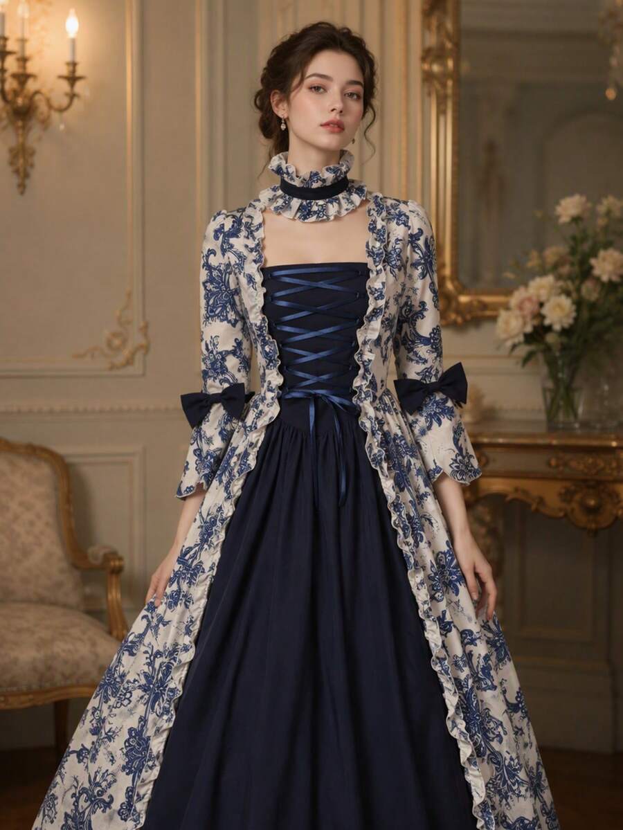 Ready Stock Blue And White Porcelain Pattern Medieval Victorian Court Dress Renaissance Gothic Lolita Bell Sleeve Dress - Blue - View 1
