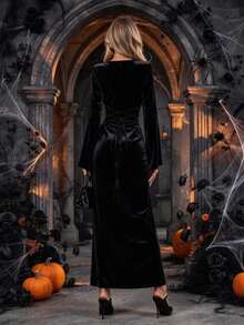 Halloween Costume Elegant Solid Color Velvet Long Sleeve Bodycon Maxi Dress, Drawstring Evening Gown For Wedding Guest, Halloween Fashion & Carnival - Black - View 6