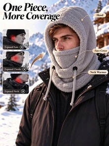 Fashion Thick Fleece Winter Hat, Adjustable Drawstring Fit, Warm Hooded Neck Scarf, Unisex Full Face Balaclava, Suitable For Motorcycle Riding, Hiking, Winter Vacation, Daily Casual Wear, Cold Weather Wardrobe Accessory - Multicolor - View 2