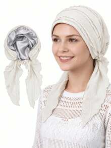 1pc Satin Lined Pre-Tied Headscarf, Ruffle Pleated Cotton Headwrap, Sleep Bonnet, Muslim Headwear - Multicolor - View 22