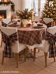 Christmas Plaid Ruffle Edge Tablecloth, Vintage Scottish Tartan White Ruffle Edge Tablecloth, Christmas Dinner Party Holiday Decoration Tablecloth, Farmhouse Style Home Kitchen Dining Room Table Decor - Brown - View 10