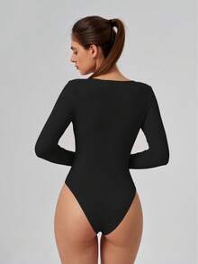 Women's Square Neck Long Sleeve Bodysuit, Slim Fit Tummy Control Elegant Holiday Party Base Layer, Winter Layering Tops - Black - View 5