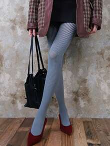 1pc Vintage Minimalist Tweed Pattern Jacquard Tights For Women, Spring/Autumn/Winter, Geometric Pattern, Leg-Slimming, Hip-Lifting, Vertical Stripe Leggings, Black & White, Yellow - Multicolor - View 2