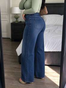 Women's Plus Size Blue Wide Leg Jeans, Button Detail Design, Long, Mid-Stretch, Suitable For Autumn Wear - Dark Blue - View 3