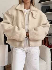 Women's Solid Color Plush Zip-Up Jacket, Fuzzy Fleece Coat For Autumn/Winter, Office, Daily Wear, Airport Outfit - Off White - View 1
