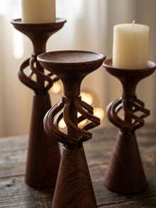 3Pcs/2Pcs/1Pc Wood Grain Metal Candle Holder Set, Modern Pillar Candle Stands, Sculptural Candlestick Holders, Rustic Home Decor, Farmhouse Decor, Boho Table Centerpiece, Living Room, Dining Table, Wedding, Christmas Decor, Housewarming Gift. - Vintage Design - View 2