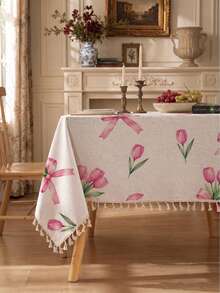 1pc Daily Minimalist Pink Bow Tulip Pattern Polyester Cotton Lace Tablecloth, Stain-Resistant With Tassel Fringe Dining Table Decor Cloth, Suitable For Square And Round Tables, Kitchen, Dining Table, Coffee Table, TV Cabinet, Entryway, Party Holiday Decoration, Home Decor, Family Gathering - Multicolor - View 5