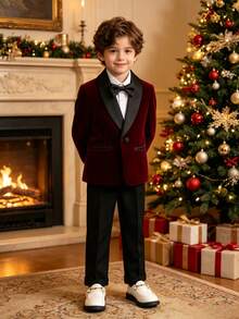 Boys Handsome Fashion British Style Gentleman Suit Set, 1 Blazer + 1 Pants + 1 Bow Tie, Suitable For Wedding, Flower Boy, Performance, Christmas Party, Banquet And Other Formal Occasions - Burgundy - View 7