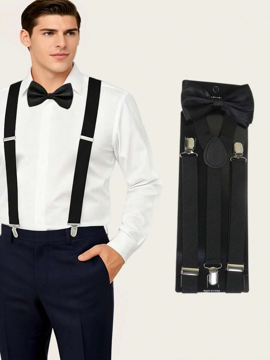 Men's Suspenders And Bow Tie Set - 2.5cm Wide Suspenders, Adjustable Dress Pants Suspenders With Solid Color Bow Tie, Stage Performance Accessories