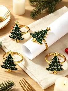 6pcs Green Christmas Tree Shaped Napkin Rings With Dripping Oil Effect For Home, Kitchen, Restaurant, Hotel, Farmhouse, Family Gathering, Party, Festival, Celebration Table Decoration - Green - View 1