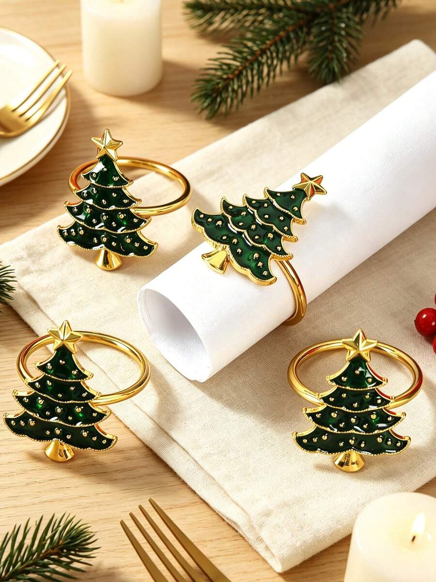 6pcs Green Christmas Tree Shaped Napkin Rings With Dripping Oil Effect For Home, Kitchen, Restaurant, Hotel, Farmhouse, Family Gathering, Party, Festival, Celebration Table Decoration - Green - View 1