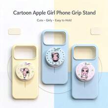 1pc Sweet Apple Shaped Magnetic Phone Grip, Adorable Illustrated Girl Design, Foldable Rotatable Phone Holder, Lovely Phone Decor - Multicolor - View 1