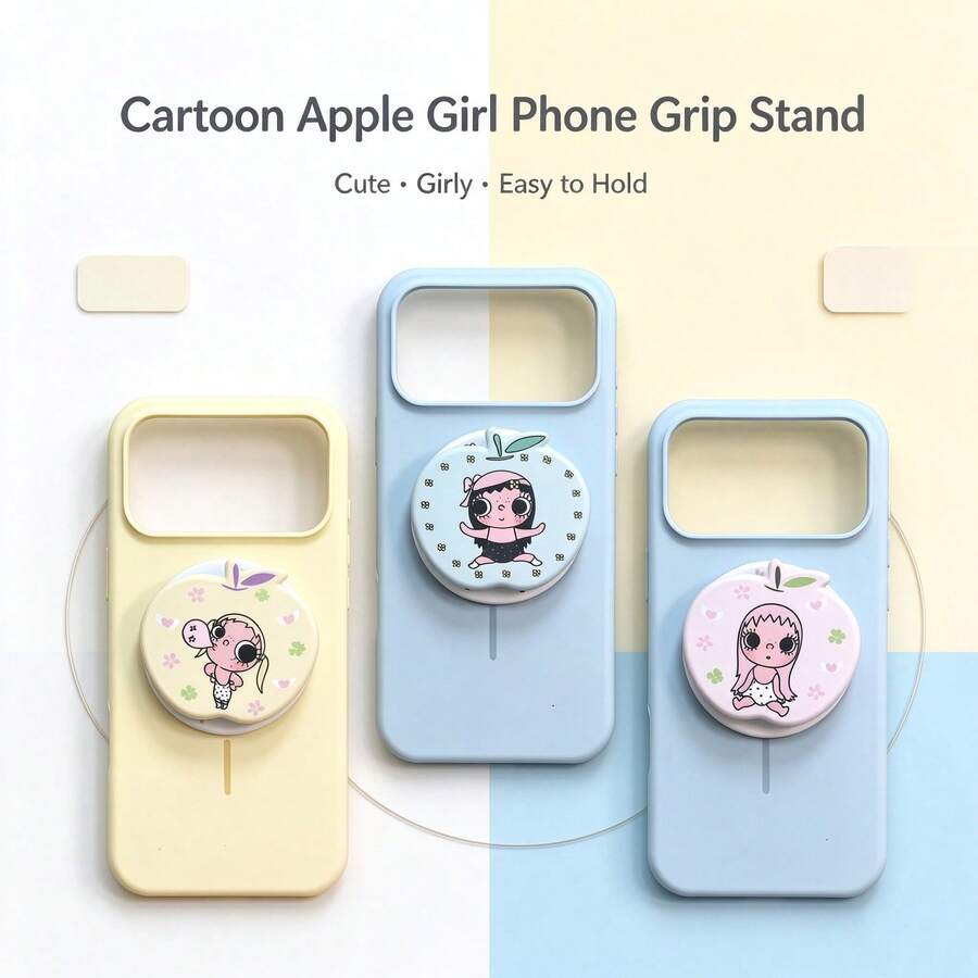 1pc Sweet Apple Shaped Magnetic Phone Grip, Adorable Illustrated Girl Design, Foldable Rotatable Phone Holder, Lovely Phone Decor - Multicolor - View 1