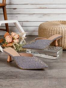 Women's Grey Ruched Texture Pointed Toe Kitten Heel Sandals, Slip On, Elegant New Summer Design Style - Grey - View 5