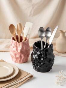 Black Wavy Asymmetrical Kitchen Utensil Holder, Decorative Kitchen Countertop Storage Bucket, Large Cooking Tool Organizer For Spatula, Spoon, Whisk, Chopsticks, Aesthetic Home Decor Gift, 1pc - Multicolor - View 3