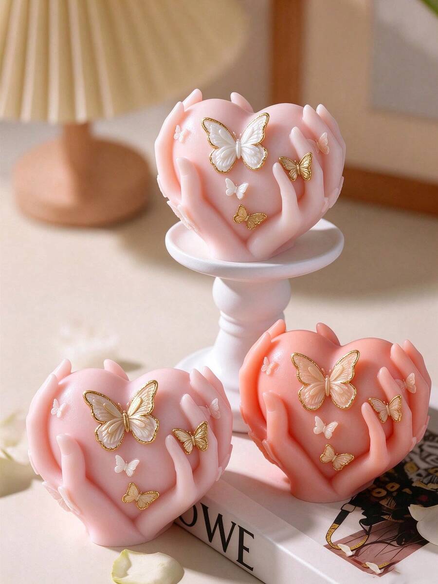 Hand-Holding Heart Butterfly Aromatherapy Candle Silicone Mold, Soft Silicone Material Easy To Demold, Suitable For DIY Aromatherapy Candles, Plaster Decor, Handmade Soap, Resin Jewelry - Butterfly Heart - View 1
