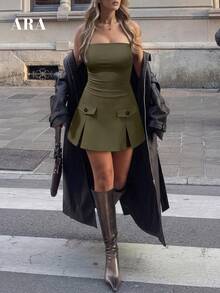 ARA CHIC Olive Green Strapless Pleated Mini Dress Women Bodycon Tube Top Button Detail Fall Winter Party Club Y2K Baddie Going Out Chic Short Dress - Olive Green - View 6