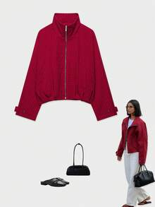 YROOE Women's Autumn/Winter Red & Black Small Plaid Stand Collar Zipper Raglan Sleeve Loose Short Jacket - Red - View 1