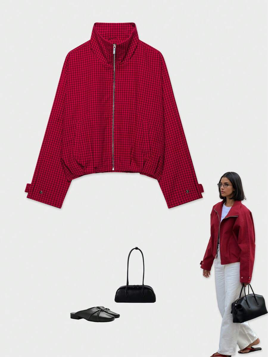 YROOE Women's Autumn/Winter Red & Black Small Plaid Stand Collar Zipper Raglan Sleeve Loose Short Jacket - Red - View 1