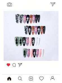 30pcs Long Almond Shaped Press-On Nails, Featuring Cute DoMo, Mustache, Flag, Polka Dot, Pattern Designs, Set Includes: 1pc Jelly Glue And 1pc Nail File. Niche Nails. - Multicolor - View 2