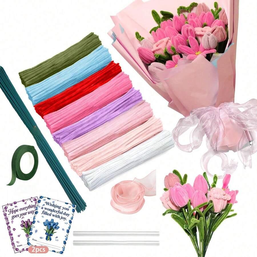 216/266/416Pcs Multi-Color Pipe Cleaners Craft, Pipe Cleaners Bulk With Video Tutorial, Flower Making Kit, Chenille Stems, Floral Wires & Tape, DIY Bouquets, Handmade Valentine's Gift And Party Decorations
